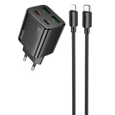 Сетевое зарядное устройство Hoco N56 2xUSBA+2xUSB-C (30W · 3A) с кабелем Type-C – Lightning (Black)