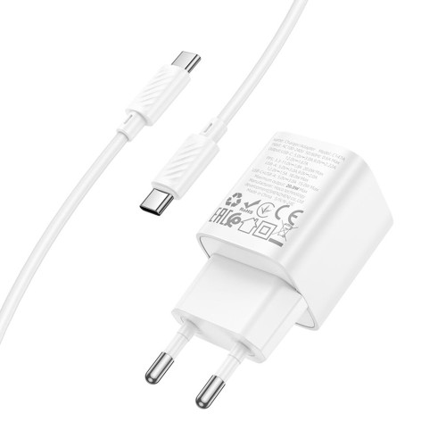 Сетевое зарядное устройство Hoco C147A USB-A+USB-C (20W · 3A) с кабелем Type-C – Type-C (White)