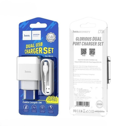 Сетевое зарядное устройство Hoco C73A 2xUSB-A (12W · 2.4A) с кабелем USB-A – Micro-USB (White)