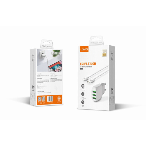 Сетевое зарядное устройство LDNIO A3315 3xUSB-A (15W · 3.1A) с кабелем USB-A – Micro-USB (White)