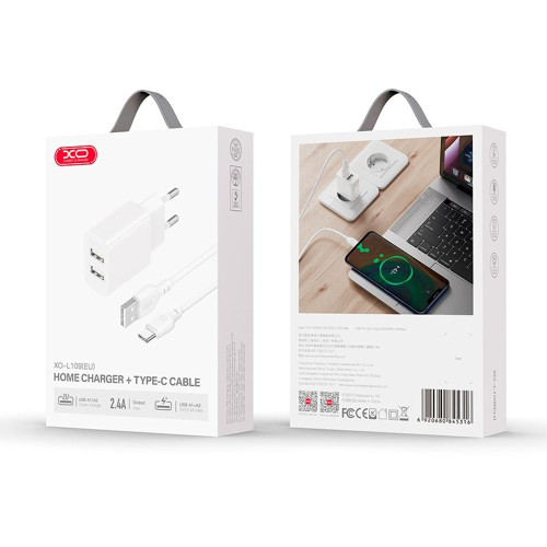 Сетевое зарядное устройство XO L109 2xUSB-A (12W · 2.4A) с кабелем USB-A – Type-C (White)