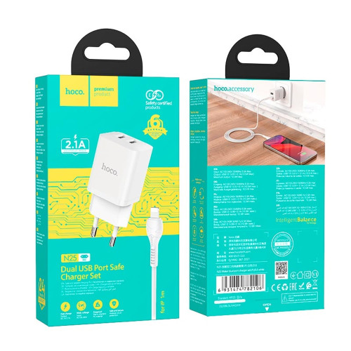 Сетевое зарядное устройство Hoco N25 2xUSB-A (10.5W · 2.1A) с кабелем USB-A – Lightning (White)