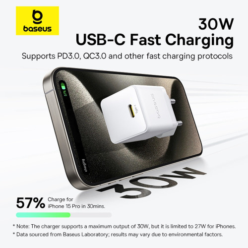 Сетевое зарядное устройство Baseus Palm Fast Charger USB-C (30W · 3A) с кабелем Type-C – Type-C 60W (P10111605213-01) (White)