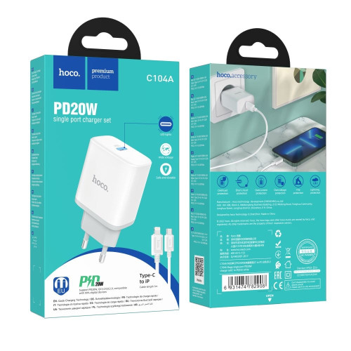 Мережевий зарядний пристрій Hoco C104A USB-C (20W · 3A) з кабелем Type-C – Lightning (White)