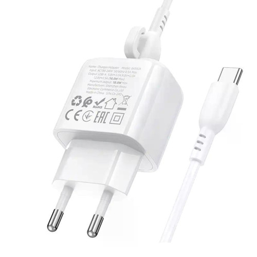 Сетевое зарядное устройство Borofone BAS42A USB-A (18W · 3A) с кабелем USB-A – Type-C (White)