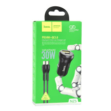 Автомобильное зарядное устройство Hoco NZ5 USB-A+USB-C (30W · 3A) с кабелем Type-C – Type-C (Black)