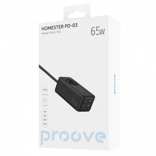 Сетевой фильтр Proove Power Strip Homester PD-03 на 1 розетку (65W · 2xUSB-A+2xUSB-C · 1.5 м) (Black)
