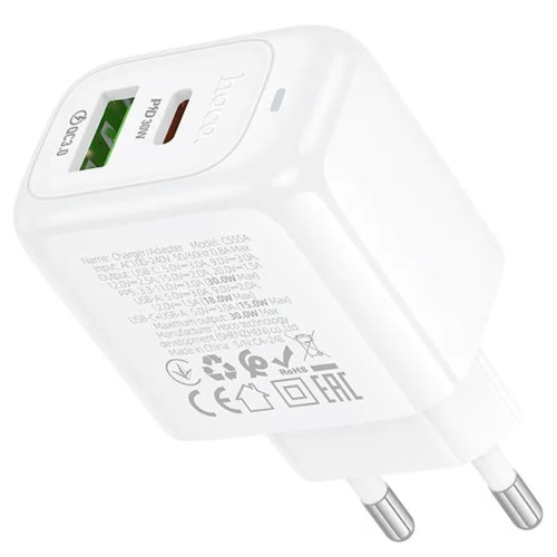 Сетевое зарядное устройство Hoco CS55A USB-A+USB-C (30W · 3A) (White)