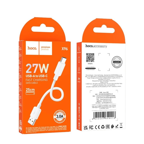 Кабель Hoco X96 USB-A – Type-C (0.25 м · 27W · 3A) (White)