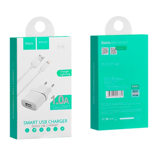 Сетевое зарядное устройство Hoco C11 USB-A (5W · 1A) с кабелем USB-A – Lightning (White)