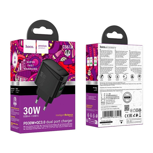 Сетевое зарядное устройство Hoco CS61A USB-A+USB-C (30W · 3A) (Black)