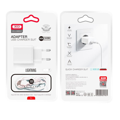 Сетевое зарядное устройство XO L99 USB-A (12W · 2.4A) с кабелем USB-A – Lightning (White)