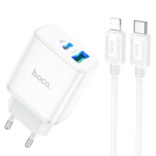 Мережевий зарядний пристрій Hoco C105A USB-A+USB-C (20W · 3A) з кабелем Type-C – Lightning (White)