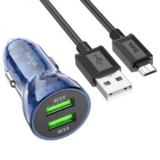 Автомобильное зарядное устройство Hoco Z47 Transparent 2xUSB-A (18W · 3A) с кабелем USB-A – Micro-USB (Blue)