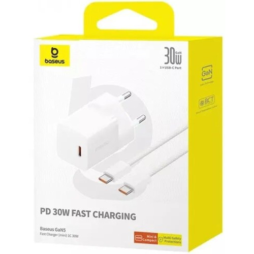 Сетевое зарядное устройство Baseus GaN5 Mini USB-C (30W · 3A) с кабелем Type-C – Type-C 100W (P10110902) (White)