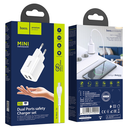 Мережевий зарядний пристрій Hoco N8 2xUSB-A (12W · 2.4A) з кабелем USB-A – Micro-USB (White)