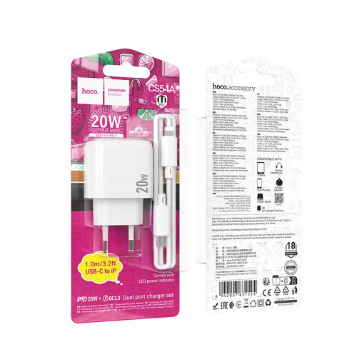 Сетевое зарядное устройство Hoco CS54A USB-A+USB-C (20W · 3A) с кабелем Type-C – Lightning (White)
