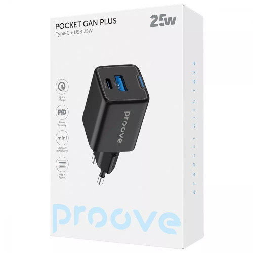 Сетевое зарядное устройство Proove Pocket Gan Plus USB-A+USB-C (25W · 3A) (Black)