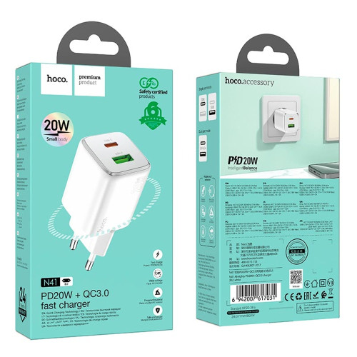 Сетевое зарядное устройство Hoco N41 USB-A+USB-C (20W · 3A) (White)