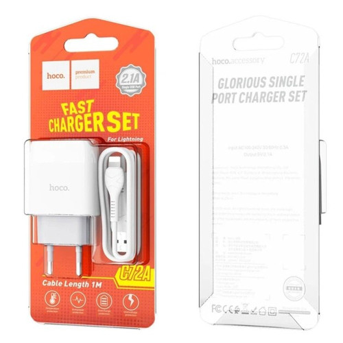 Сетевое зарядное устройство Hoco C72A USB-A (10.5W · 2.1A) с кабелем USB-A – Lightning (White)