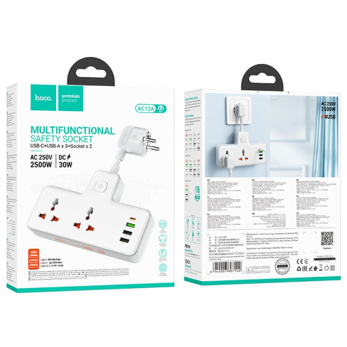 Мережевий фільтр Hoco AC12A на 2 розетки (30W · 3A · 3xUSB-A+USB-C) (White)