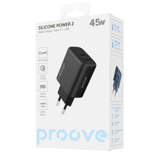Сетевое зарядное устройство Proove Silicone Power 2 USB-A+USB-C (45W · 3A) (Black)