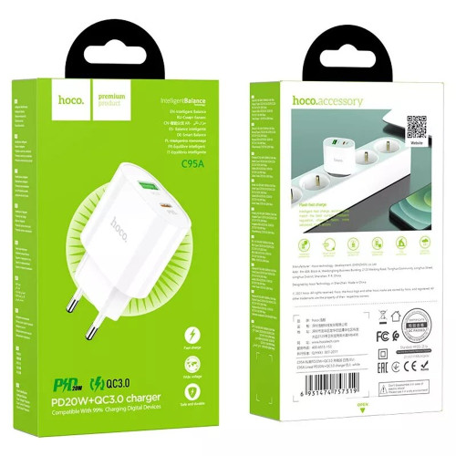 Сетевое зарядное устройство Hoco C95A USB-A+USB-C (20W · 3A) (White)