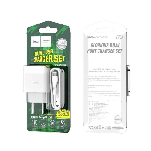 Сетевое зарядное устройство Hoco C73A 2xUSB-A (12W · 2.4A) с кабелем USB-A – Lightning (White)