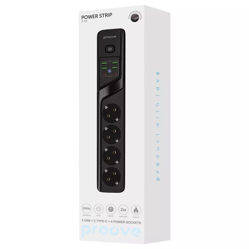 Мережевий фільтр Proove Power Socket P-04 на 4 розетки (4xUSB-A+2xUSB-C · 2 м) (Black)