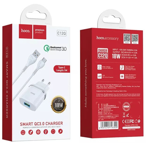 Сетевое зарядное устройство Hoco C12Q USB-A (18W · 3A) с кабелем USB-A – Type-C (White)