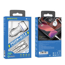 Автомобильное зарядное устройство Borofone BZ14A USB-A+USB-C (20W · 3A) с кабелем Type-C – Lightning (White)
