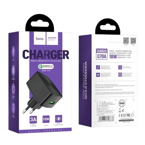 Сетевое зарядное устройство Hoco C70A USB-A (18W · 3A) (Black)
