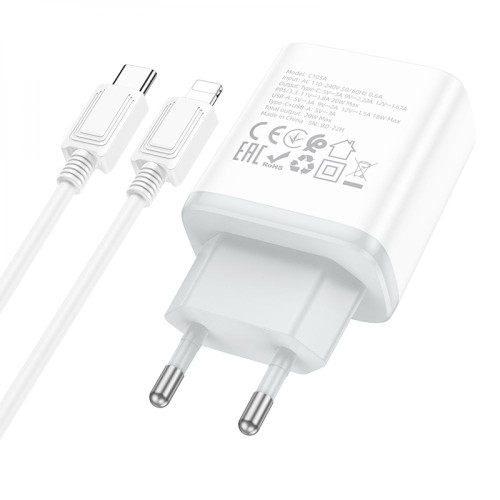 Сетевое зарядное устройство Hoco C105A USB-A+USB-C (20W · 3A) с кабелем Type-C – Lightning (White)