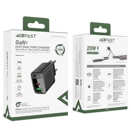 Мережевий зарядний пристрій Acefast A78 USB-A+USB-C (20W · 3A) (Black)