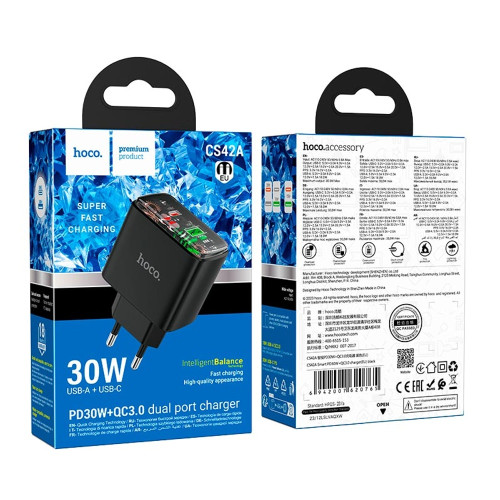 Сетевое зарядное устройство Hoco CS42A USB-A+USB-C (30W · 3A) (Black)