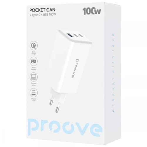 Сетевое зарядное устройство Proove Pocket Gan Max USB-A+2xUSB-C (100W · 5A) (White)