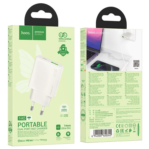 Сетевое зарядное устройство Hoco N45 USB-A+USB-C (30W · 3A) (White)