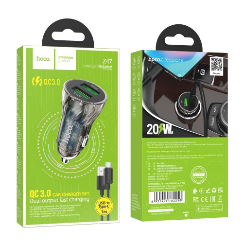 Автомобильное зарядное устройство Hoco Z47 Transparent 2xUSB-A (18W · 3A) с кабелем USB-A – Type-C (Black)