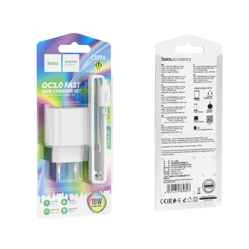 Мережевий зарядний пристрій Hoco C109A USB-A (18W · 3A) з кабелем USB-A – Micro-USB (White)