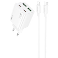 Сетевое зарядное устройство Hoco N55 2xUSBA+2xUSB-C (20W · 3A) с кабелем Type-C – Lightning (White)