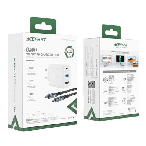 Мережевий зарядний пристрій Acefast A17 USB-C+USB-A+HDMI 4K (65W · 3A) з кабелем Type-C – Type-C (White)