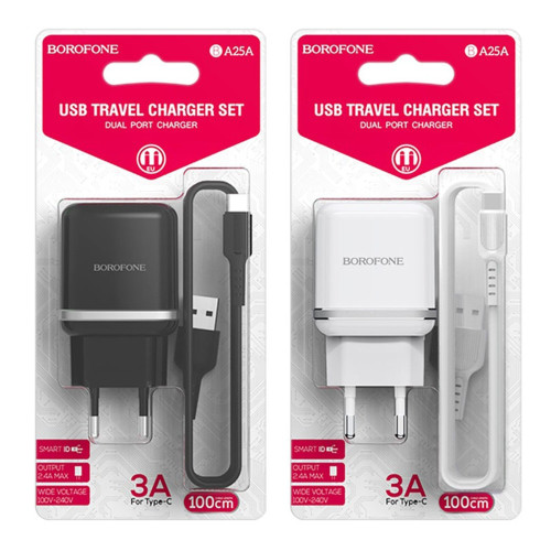 Сетевое зарядное устройство Borofone BA25A 2xUSB-A (12W · 2.4A) с кабелем USB-A – Type-C (White)