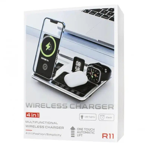 Беспроводное зарядное устройство R11 4в1 with clock (15W) (Black)