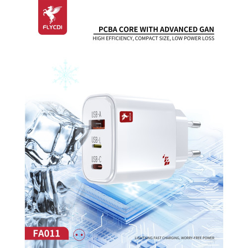 Сетевое зарядное устройство FLYCDI FA-011 USB-A+USB-C+Lightning (65W · 3A) (White)