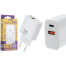 Сетевое зарядное устройство Remax RP-U82 USB-A+USB-C (30W · 3A) (White)