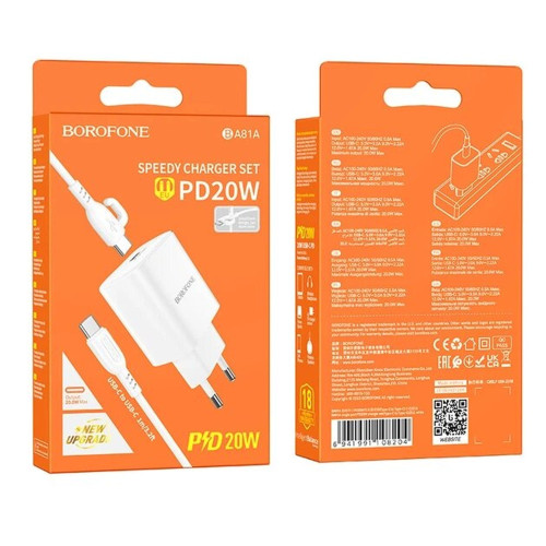 Мережевий зарядний пристрій Borofone BA81A USB-C (20W · 3A) з кабелем Type-C – Type-C (White)