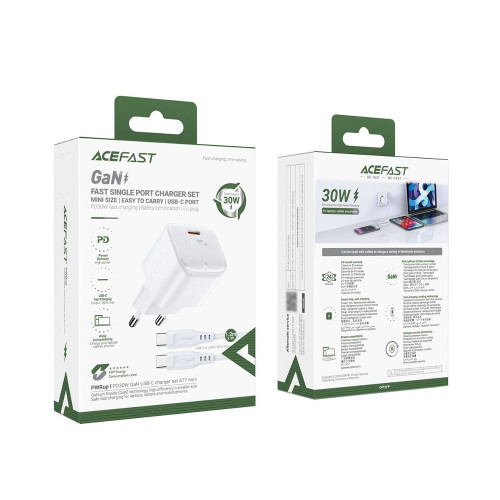 Сетевое зарядное устройство Acefast A77 Mini USB-C (30W · 3A) с кабелем Type-C – Type-C (White)