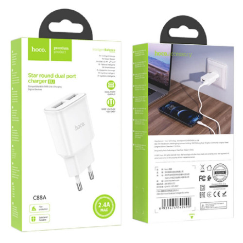 Сетевое зарядное устройство Hoco C88A 2xUSB-A (12W · 2.4A) (White)