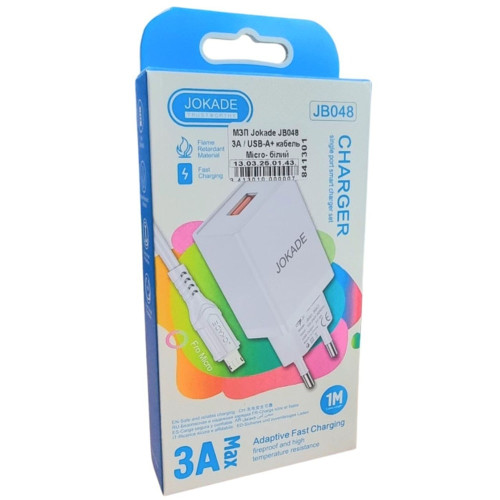 Сетевое зарядное устройство Jokade JB048 USB-A (15W · 3A) с кабелем USB-A – Micro-USB (White)