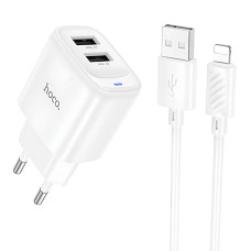 Мережевий зарядний пристрій Hoco C141A 2xUSB-A (10.5W · 2.1A) з кабелем USB-A – Lightning (White)